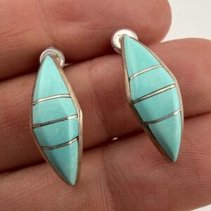 RK Zuni Turquoise Inlay Earrings Blue Excellent Zuni Sterling Silver Vintage